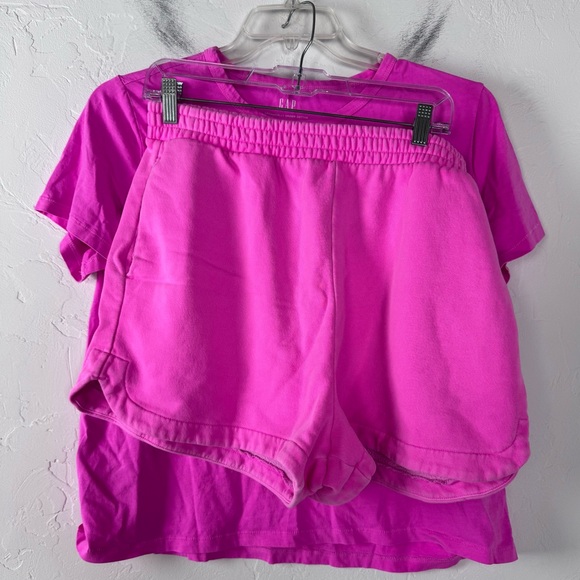 GAP Tops - Gap Sweat Set 2 Piece Bright Neon Hot Pink Fleece Shorts Shirt Cotton Lounge